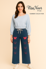 Dori Elastic Waist Rough Denim  Embroidery Trousers