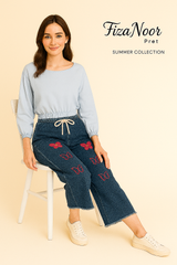 Dori Elastic Waist Rough Denim  Embroidery Trousers