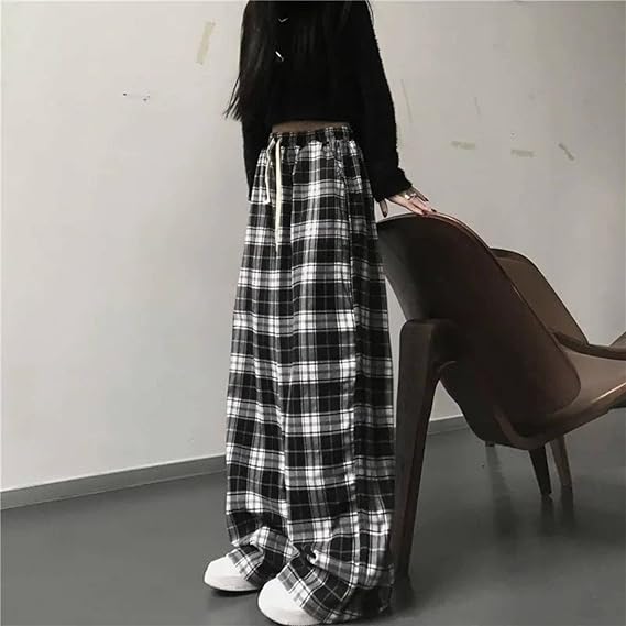 Blackand White Plaid Pants Oversized New Women Casual Loose Wide Leg Trousers Hip Hop Street