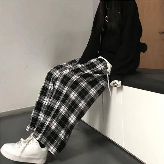 Blackand White Plaid Pants Oversized New Women Casual Loose Wide Leg Trousers Hip Hop Street