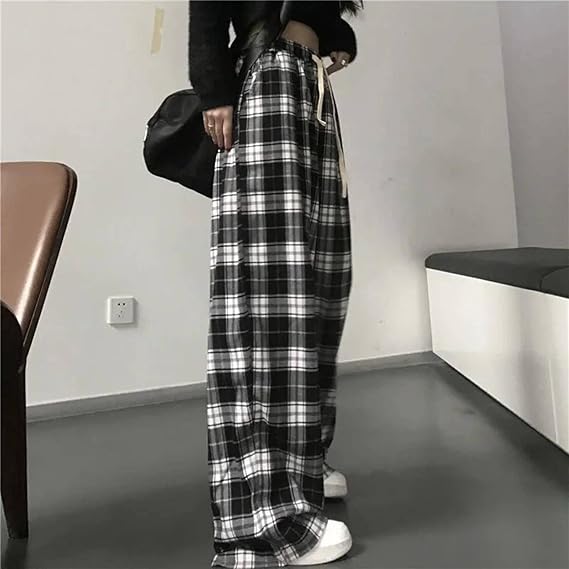 Blackand White Plaid Pants Oversized New Women Casual Loose Wide Leg Trousers Hip Hop Street