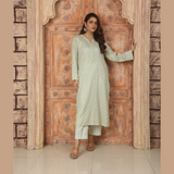 2PCS LIGHT GREEN EMBROIDED FABRIC LAWN SUIT