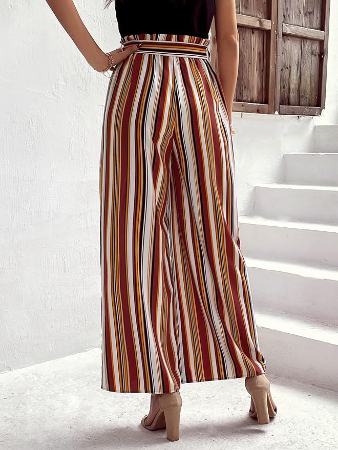 Women for Pants - Striped Print Paperbag Waist Belted Wide Leg Pants