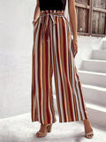 Women for Pants - Striped Print Paperbag Waist Belted Wide Leg Pants