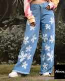 Wide Leg Flower Design Printed Jeans Flapper For Girls and Women