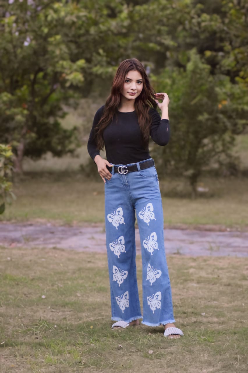 BUTTERFLY DESIGN PRINTED FLAPPER JEANS PANT