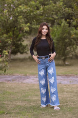 BUTTERFLY DESIGN PRINTED FLAPPER JEANS PANT