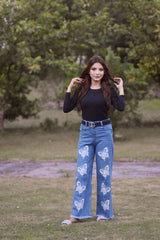 BUTTERFLY DESIGN PRINTED FLAPPER JEANS PANT