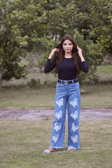 BUTTERFLY DESIGN PRINTED FLAPPER JEANS PANT