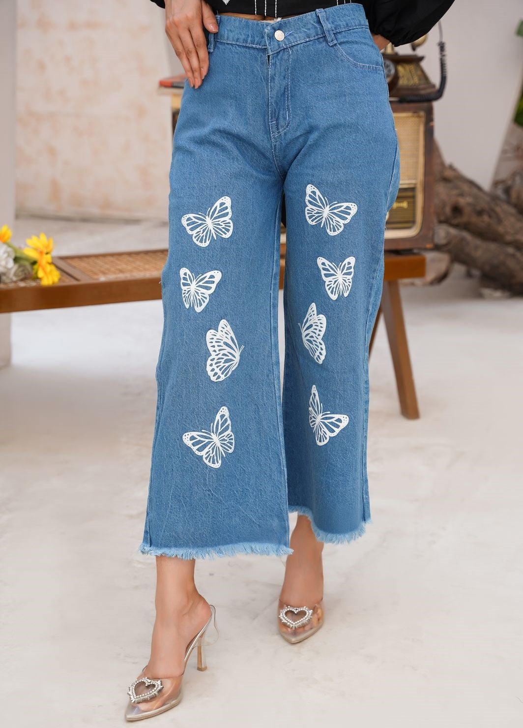 BUTTERFLY DESIGN PRINTED FLAPPER JEANS PANT