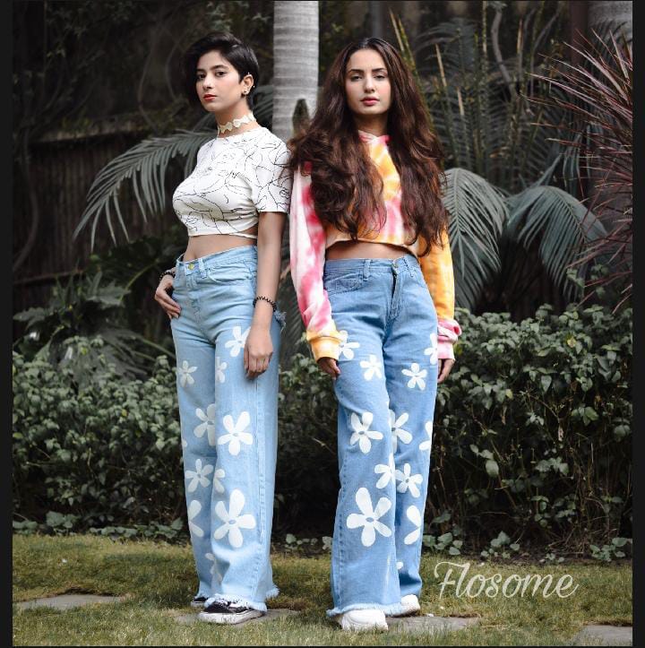 Wide Leg Flower Design Printed Jeans Flapper For Girls and Women
