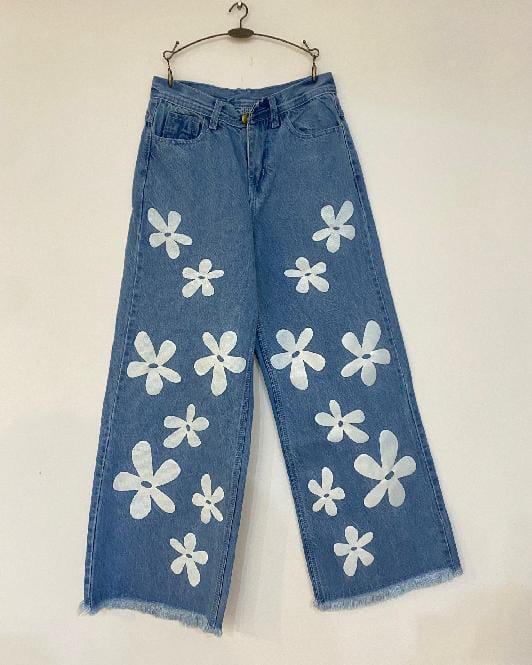 Wide Leg Flower Design Printed Jeans Flapper For Girls and Women