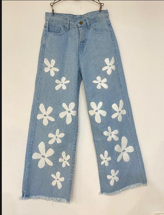 Wide Leg Flower Design Printed Jeans Flapper For Girls and Women