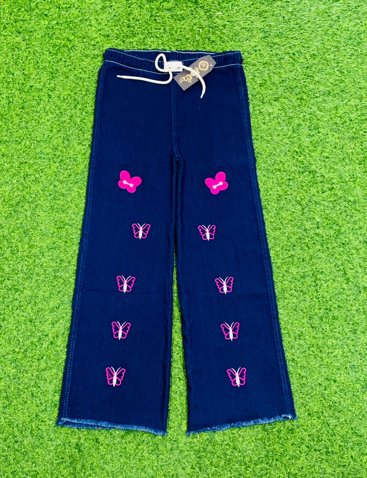 Dori Elastic Waist Rough Denim  Embroidery Trousers
