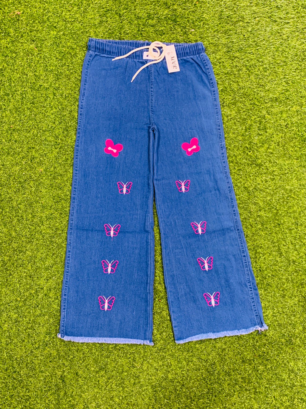 Dori Elastic Waist Rough Denim  Embroidery Trousers