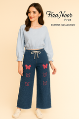 Dori Elastic Waist Rough Denim  Embroidery Trousers