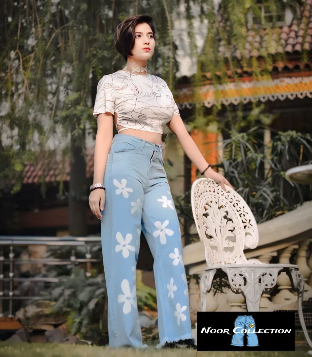 Wide Leg Flower Design Printed Jeans Flapper For Girls and Women