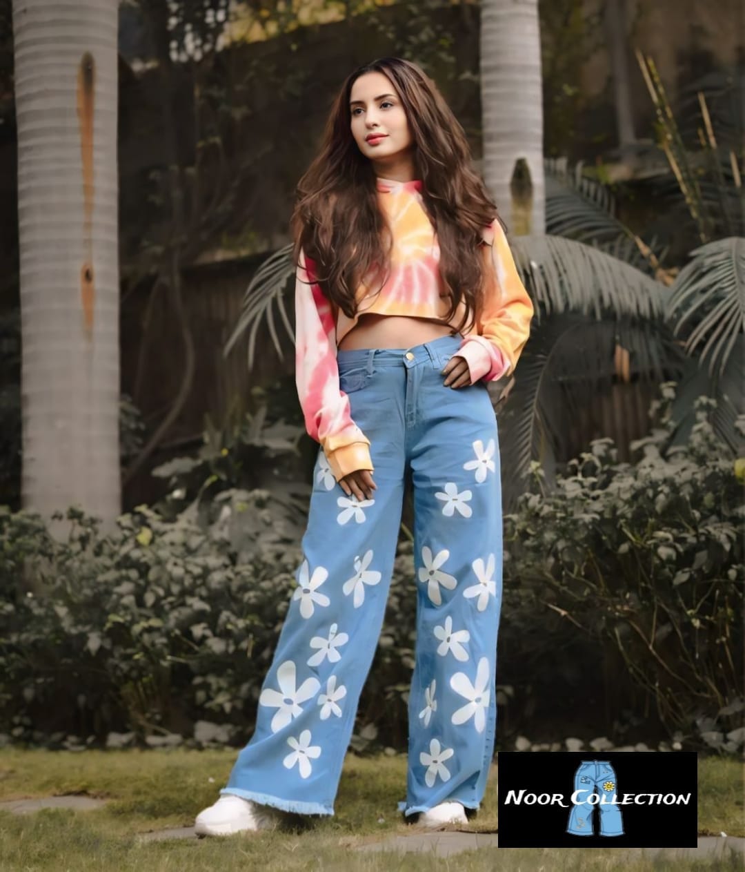 Wide Leg Flower Design Printed Jeans Flapper For Girls and Women
